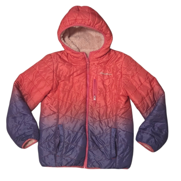 Eddie Bauer Reversible Puffer Fleece Coat Girls Size Medium 10/12 Pink Purple - Picture 2 of 8